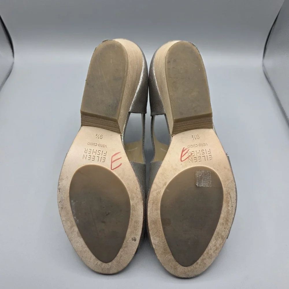 Eileen Fisher Iris Sandals Womens 9.5 Pewter Leather Block Heel Adjustable Strap